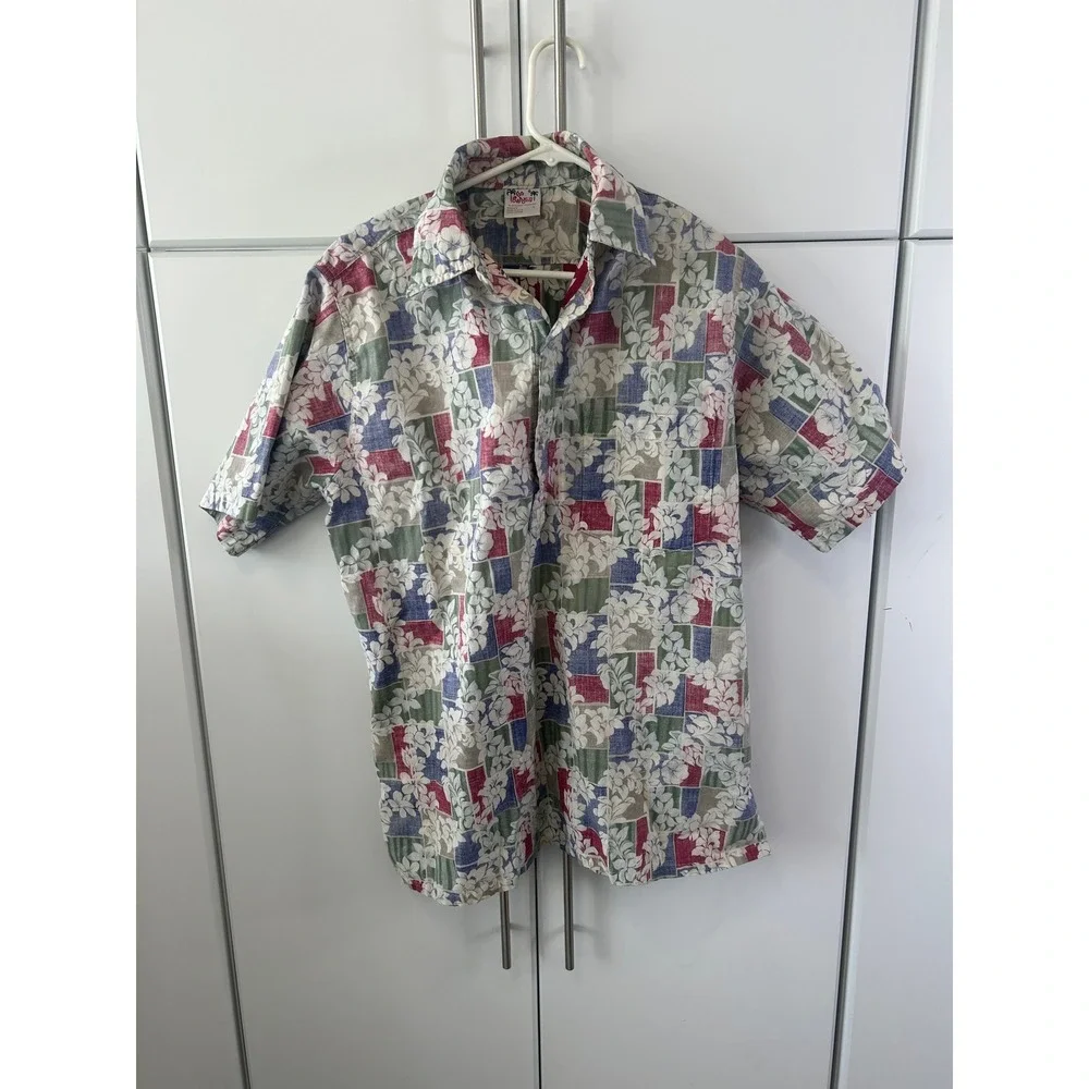 Go Barefoot Mens Hawaiian Shirt Large Floral Patchwork Cotton Made in USA